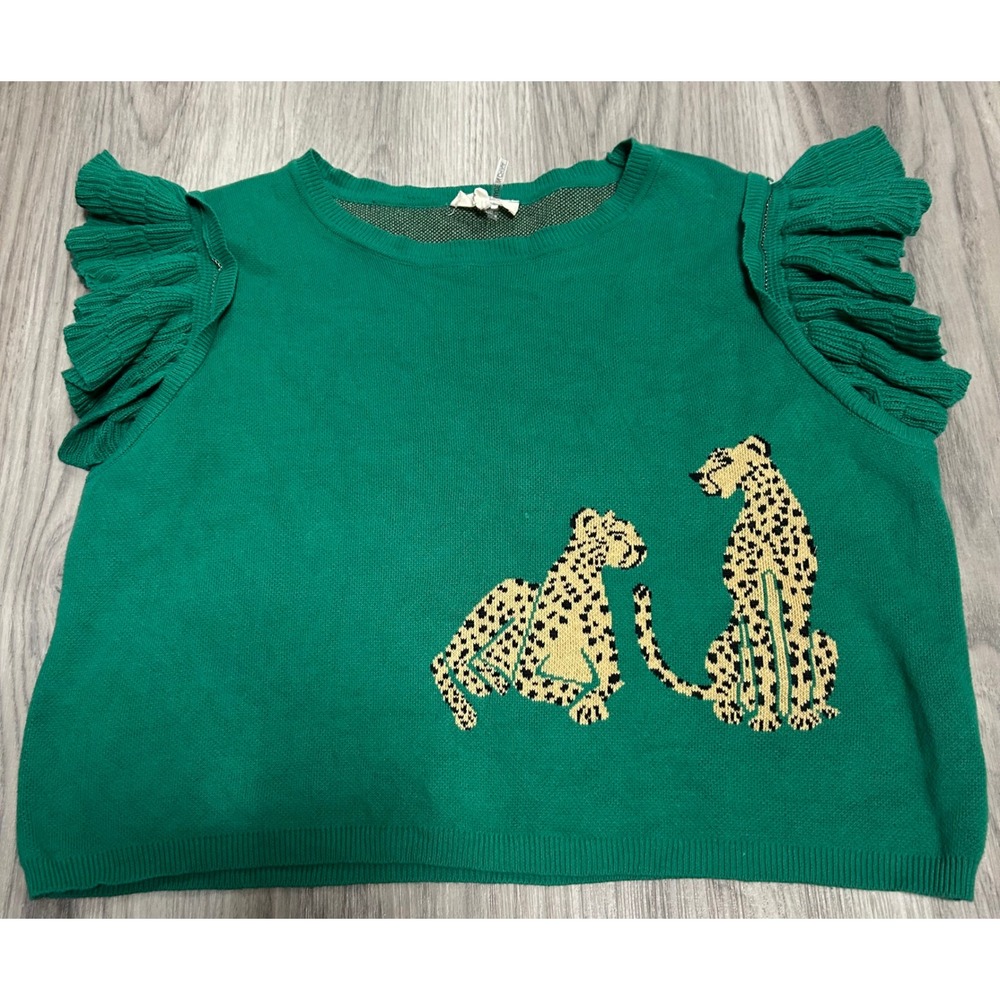 Entro Green Leopard Graphic Ruffle Cap Sleeve Cotton Knit Sweater Top Large cat